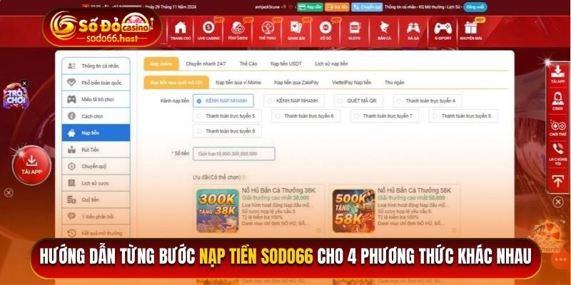 Hướng dẫn từng bước nạp tiền Sodo66 cho 4 phương thức khác nhau